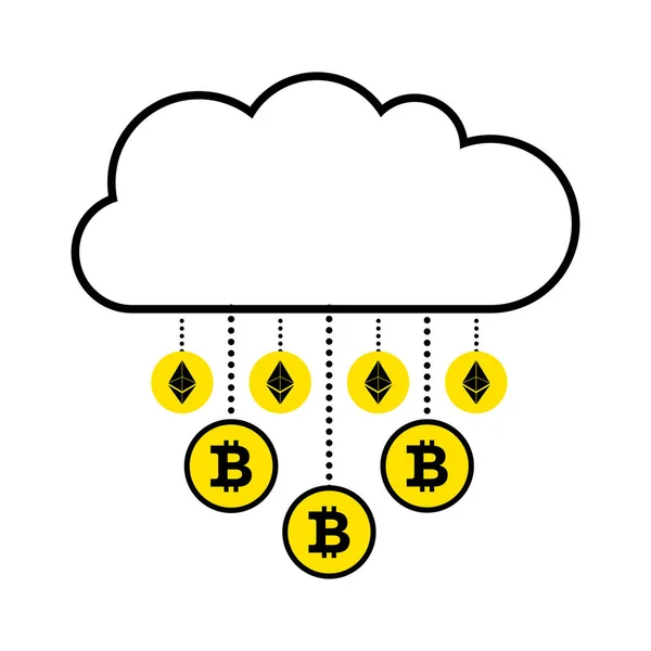Koncepcja Blockchain kryptowaluta. Chmury na białym tle. Złoty deszcz wirtualne monety bitcoin, ethereum spada w dół. Płaskie ikona. Ilustracja wektorowa. — Wektor stockowy