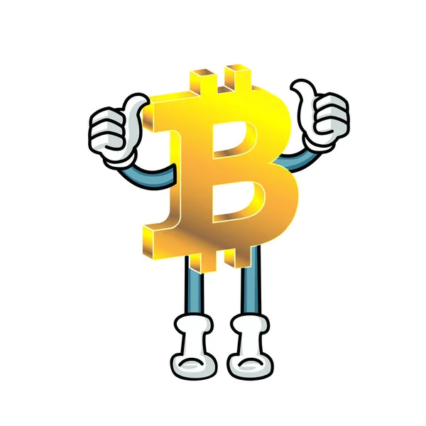 Un personnage Bitcoin debout avec les pouces vers le haut. Fond blanc . — Image vectorielle