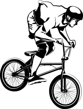 BMX motosikletli çocuk - siyah beyaz vektör çizimi
