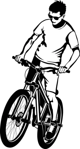 Boy Mtb Bike Black White Vector Illustration — Stock Vector