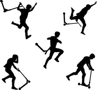 boy silhouette on scooters doing trick clipart