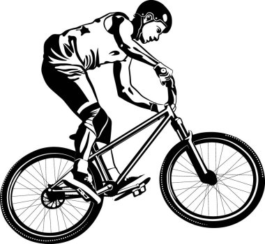 MTB motorlu adam - siyah beyaz vektör çizimi
