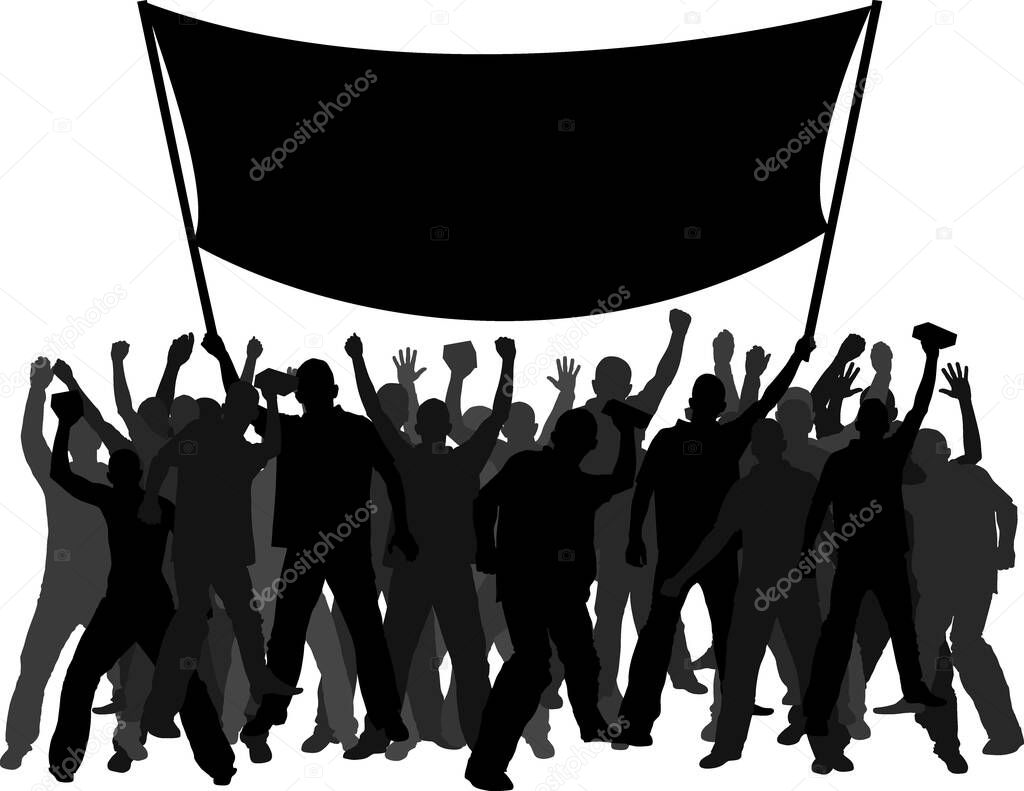 silhouette of protesters with flag
