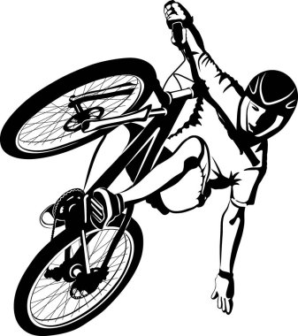 MTB motorlu erkek - siyah-beyaz vektör illüstrasyonu