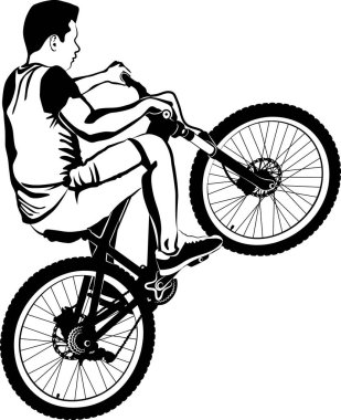 MTB motorlu çocuk - siyah beyaz vektör çizimi