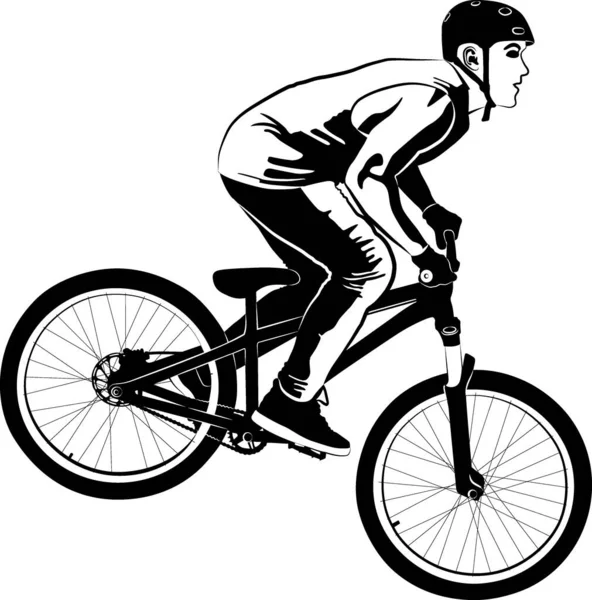 男性オンMtbバイク 白黒ベクトルイラスト — ストックベクタ