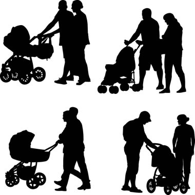 Anne, baba ve bebek arabasının silueti.