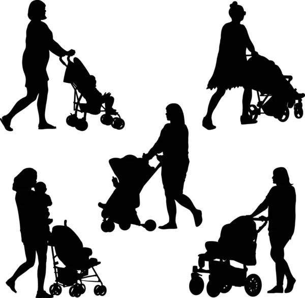 Silhouette Von Mutter Baby Und Kinderwagen — Stockvektor