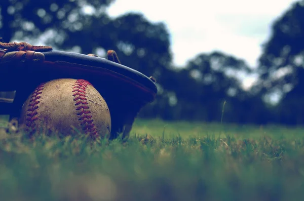 Baseball Rękawiczce Układanie Trawie Zewnątrz Dla Gra Sportowa — Zdjęcie stockowe