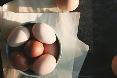 Farm fresh chicken eggs closeup in bowl for baking ingredient concept in kitchen.
