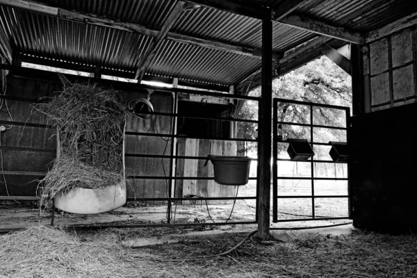 Pajta Belsejében Fekete Fehér Szénával Etető Farm Koncepció — Stock Fotó