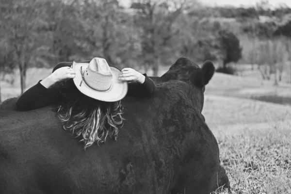 Portrait of farm lifestyle shows cowgirl with beef cow.