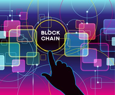 Blockchain ağ kavramı, dağıtılmış genel muhasebe teknoloji, blok metin ve bilgisayar bağlantısı zincir. Dosya sürümü Ai10 Eps kaydedilir. 