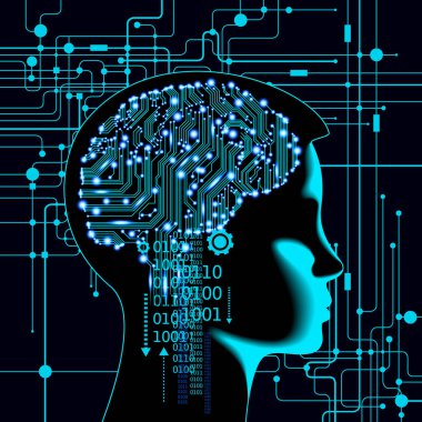 Sinirsel ağ. Derin öğrenme. Yapay zeka konsepti. Robot yüzü ve soyut arkaplan oluşturma