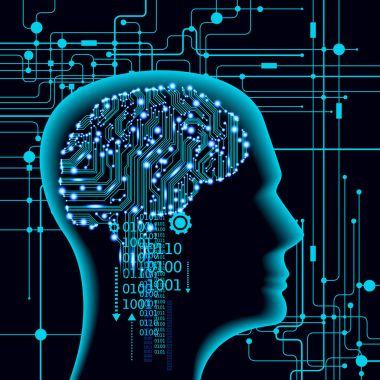 Sinirsel ağ. Derin öğrenme. Yapay zeka konsepti. Robot yüzü ve soyut arkaplan oluşturma