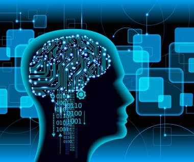 Sinirsel ağ. Derin öğrenme. Yapay zeka konsepti. Robot yüzü ve soyut arkaplan oluşturma
