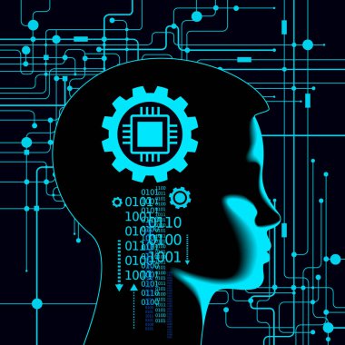 Sinirsel ağ. Derin öğrenme. Yapay zeka konsepti. Robot yüzü ve soyut arkaplan oluşturma