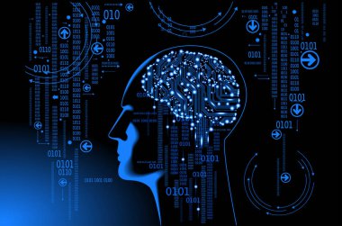 Sinirsel ağ. Derin öğrenme. Yapay zeka konsepti. Robot yüzü ve soyut arkaplan oluşturma