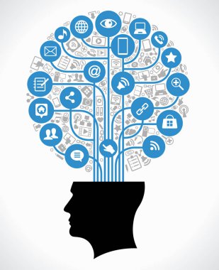 Soyut ağaç bir küresel bilgisayar ağı ve kafası şeklinde. Sosyal medya kavramı. ommunication küresel bilgisayar ağlarında. Web ve mobil hizmetler için düz tasarım kavramı simgeler kümesi. Dosya Ai10 Eps sürüm kaydedilir. Bu örnek c