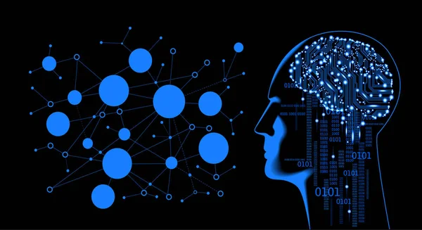 Neuronales Netzwerk Tiefes Lernen Künstliche Intelligenz Roboter Gesicht Und Gebäude — Stockvektor