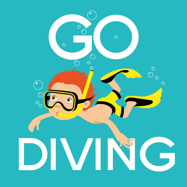 Diving background. Cartoon boy dives into the mask under water. 