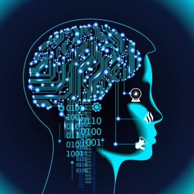 Sinirsel ağ. Derin öğrenme. Yapay zeka konsepti. Robot yüzü ve soyut arkaplan oluşturma