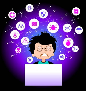 Ergen ve virüs online, tehlike online. Virüslerden ve bilgisayar korsanlarından. Internet bağımlılığı. Çizgi roman vektör çizim