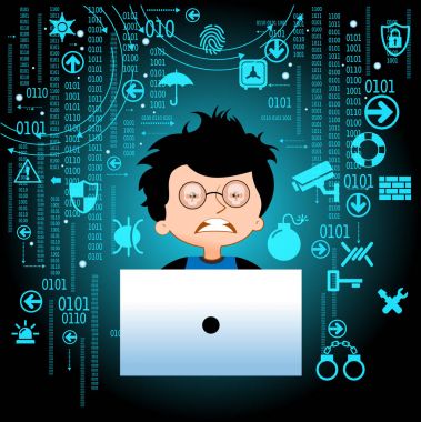 Ergen ve virüs online, tehlike online. Virüslerden ve bilgisayar korsanlarından. Internet bağımlılığı. Çizgi roman vektör çizim