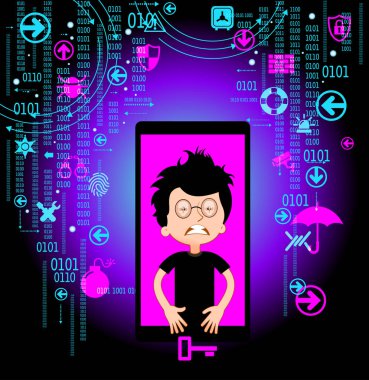 Ergen ve virüs online, tehlike online. Virüslerden ve bilgisayar korsanlarından. Internet bağımlılığı. Çizgi roman vektör çizim