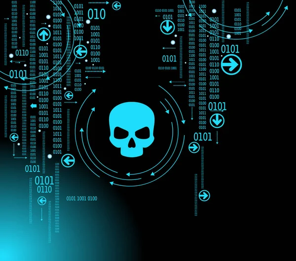 デジタル バック グラウンドで人間の頭蓋骨 ネットワーク セキュリティ コンピュータ ウイルス サイバー攻撃の概念 — ストックベクタ