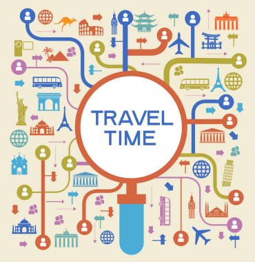 Infographics öğeleri: seyahat ve ünlü simge. Seyahat ve tatil için öğeleri kümesi. Siyah bir zemin üzerine parlak renkli görüntü. Ai10 Eps sürümünde dosya kaydedilir.