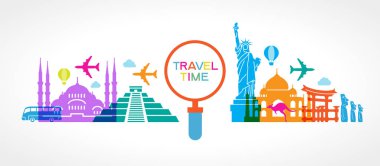 Infographics öğeleri: seyahat ve ünlü simge. Seyahat ve tatil için öğeleri kümesi. Siyah bir zemin üzerine parlak renkli görüntü. Ai10 Eps sürümünde dosya kaydedilir.