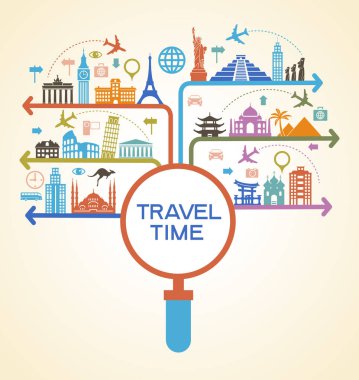 Infographics öğeleri: seyahat ve ünlü simge. Seyahat ve tatil için öğeleri kümesi. Siyah bir zemin üzerine parlak renkli görüntü. Ai10 Eps sürümünde dosya kaydedilir.