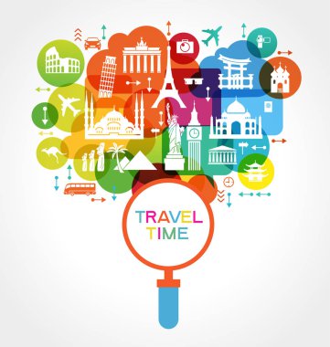 Infographics öğeleri: seyahat ve ünlü simge. Seyahat ve tatil için öğeleri kümesi. Siyah bir zemin üzerine parlak renkli görüntü. Ai10 Eps sürümünde dosya kaydedilir.