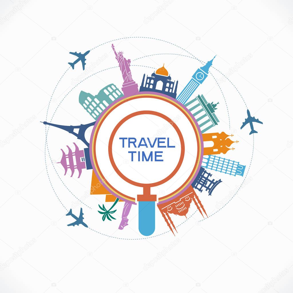 Infographics elements: Travel and Famous Landmarks. A set of elements for travel and vacations. Bright color image on a black background. File is saved in AI10 EPS version.