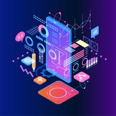 Web sayfası, afiş ve sunum için Ux / Ui tasarımı kavramı. Bilgi grafikleri, kahramanlık görüntüleri. Düz izometrik vektör çizimi.