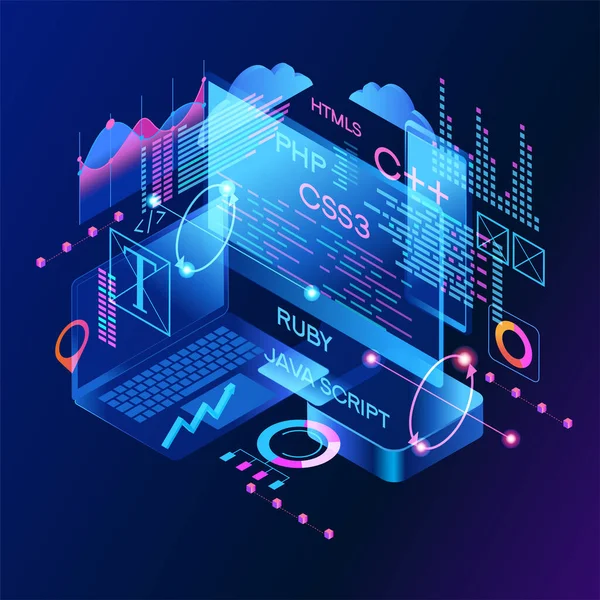 プログラミング Web バナー 最高のプログラミング言語 ソフトウェア開発の技術プロセス — ストックベクタ