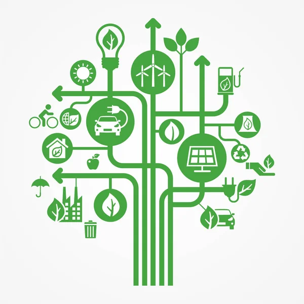 Icono Del Concepto Energía Renovable Iconos Fuentes Electricidad Verdes Fondo — Archivo Imágenes Vectoriales
