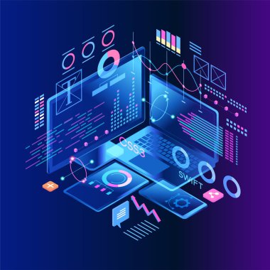  Bir çizelge ve grafikler oluşturan insanlardan oluşan bir ekip. Yenilikçi veri analizi fikri. Veri analizi Sayfa şablonu 3d izometrik illüstrasyon