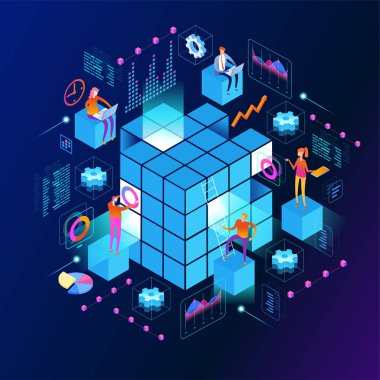  Takımda kişilik diorrams ve grafik analiz. Veri görselleştirme kavramı. 3D izometrik vektör çizim.