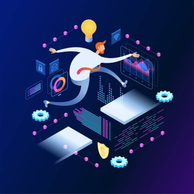 Engelli bir dizi atlama iş adamı. Onlara meydan. 3D izometrik vektör çizim.