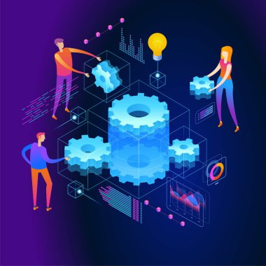 Ekip çalışması sayfa şablonu. Modern 3d izometrik vektör Illustration web sayfası. Tasarım konsepti.