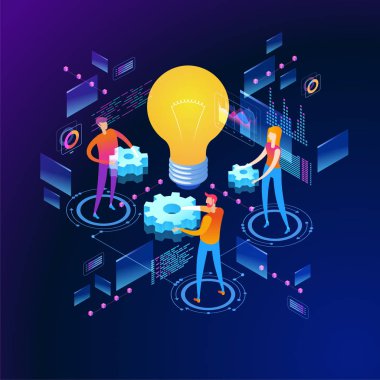 Ekip çalışması sayfa şablonu. Modern 3d izometrik vektör Illustration web sayfası. Tasarım konsepti.