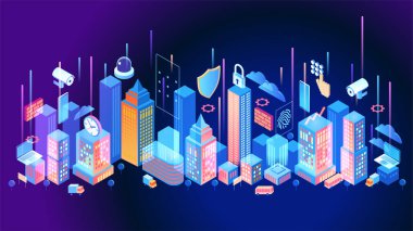 Güvenlik kontrol konsepti. Güvenli bilgi aktarımı. Teknoloji sistemi kavramı. 3d izometrik vektör çizimi.