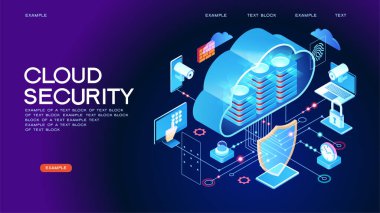 Güvenlik kontrol konsepti. Güvenli bilgi aktarımı. Teknoloji sistemi kavramı. 3d izometrik vektör çizimi.