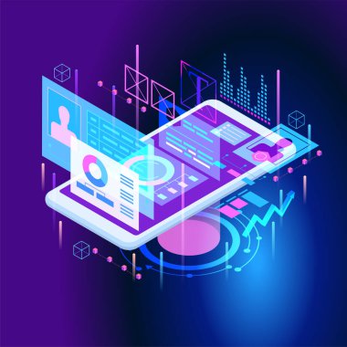 Uyumlu arayüz tasarımı. Geliştiriciler birden fazla aygıt üzerinde yazılım kullanır. Çapraz platform yazılımı. 3d izometrik vektör çizimi.