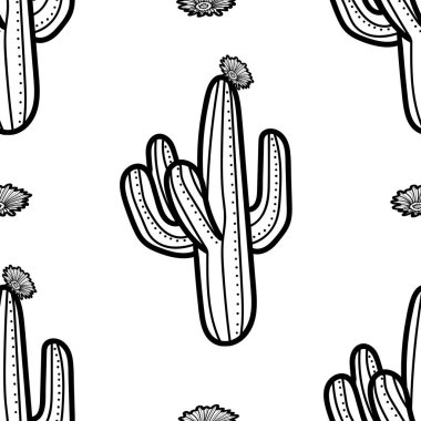 Kaktüs ve çiçeği beyaz arka planda siyah anahat. Seamles