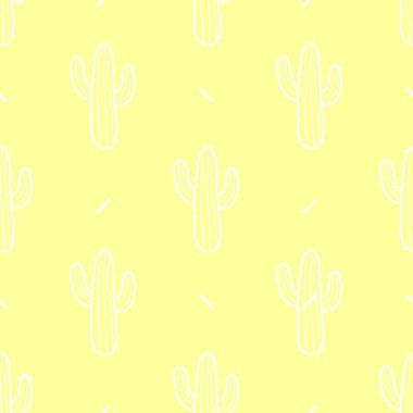 Pastel Sarı zemin üzerine beyaz anahat kaktüs. Sorunsuz pa