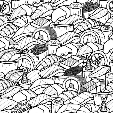 Çok sayıda suşi ve rulo. Sevimli Japon yemekleri elle çizilmiş tarzı. S