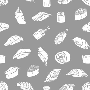 Beyaz siluet suşi gri arka plan üzerinde rasgele. Sevimli Japon 